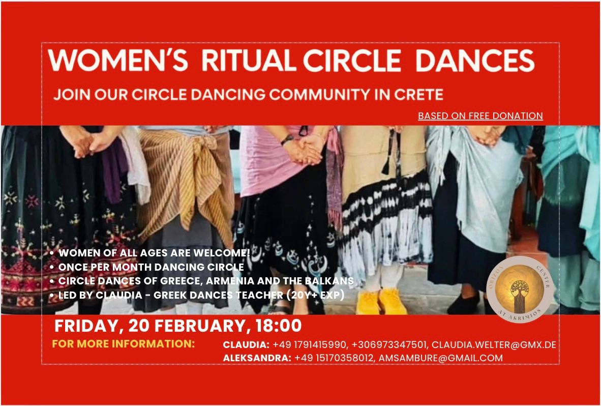 Poster for Women’s Ritual Circle Dances at Orizon Center in Crete – monthly women’s circle dancing event