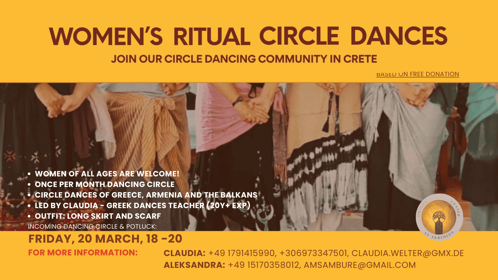 Poster for Women’s Ritual Circle Dances at Orizon Center in Chania – monthly women’s circle dancing event